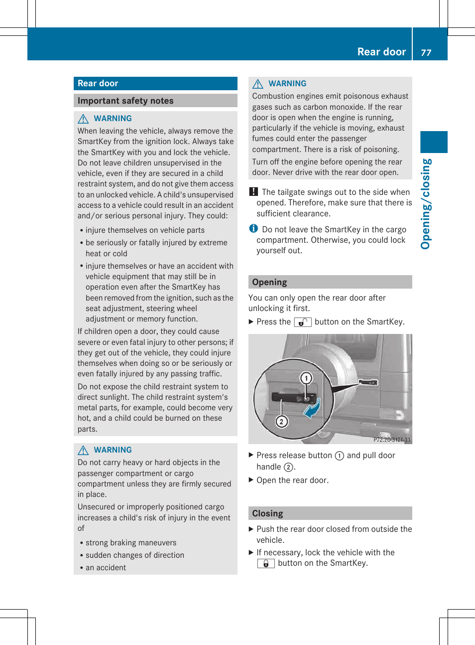 Rear door, Important safety notes, Opening | Closing, Opening/closing | Mercedes-Benz G-Class 2013 Owners Manual User Manual | Page 79 / 364