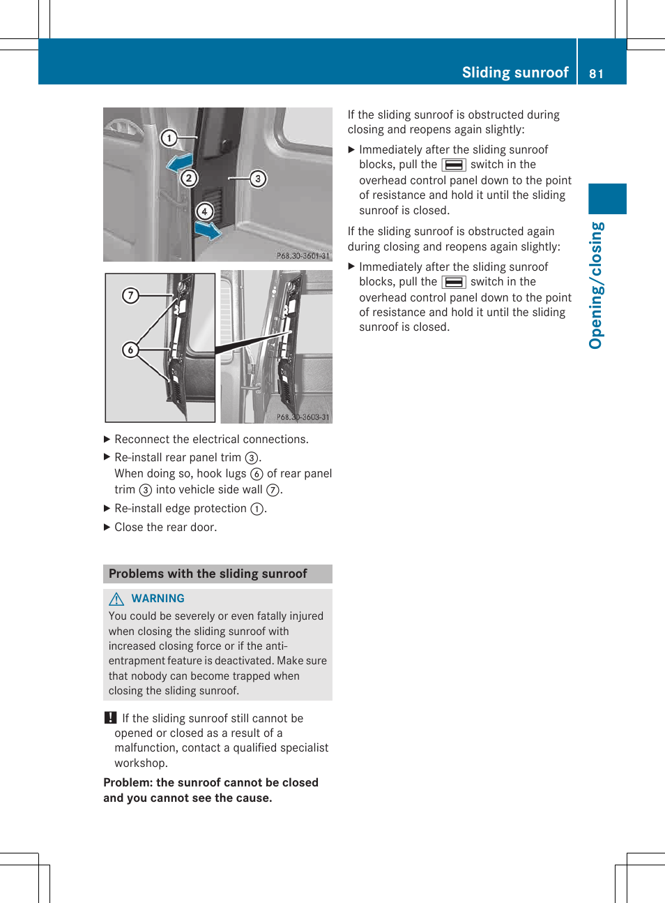 Problems with the sliding sunroof, Opening/closing, Sliding sunroof | Mercedes-Benz G-Class 2013 Owners Manual User Manual | Page 83 / 364