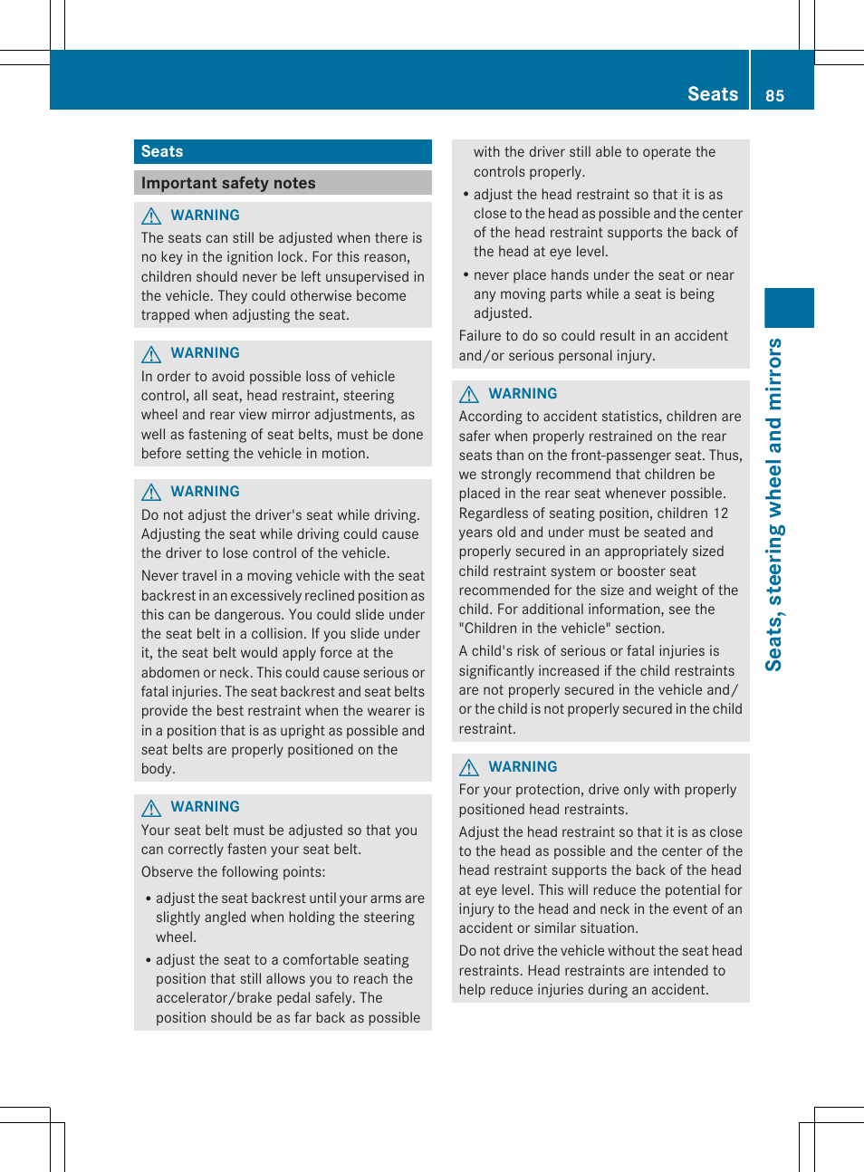 Seats, Important safety notes, Seats, steering wheel and mirrors | Mercedes-Benz G-Class 2013 Owners Manual User Manual | Page 87 / 364