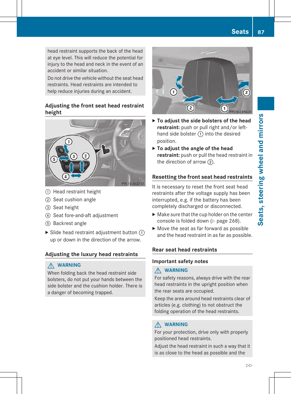 Seats, steering wheel and mirrors, Seats | Mercedes-Benz G-Class 2013 Owners Manual User Manual | Page 89 / 364