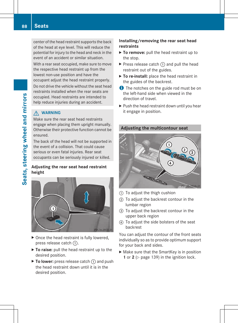 Adjusting the multicontour seat, Seats, steering wheel and mirrors, Seats | Mercedes-Benz G-Class 2013 Owners Manual User Manual | Page 90 / 364