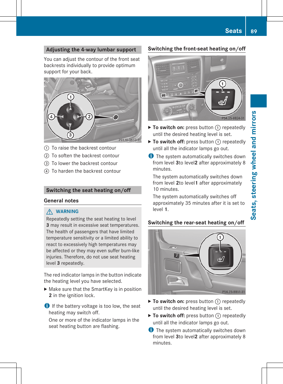 Adjusting the 4-way lumbar support, Switching the seat heating on/off, Seats, steering wheel and mirrors | Seats | Mercedes-Benz G-Class 2013 Owners Manual User Manual | Page 91 / 364