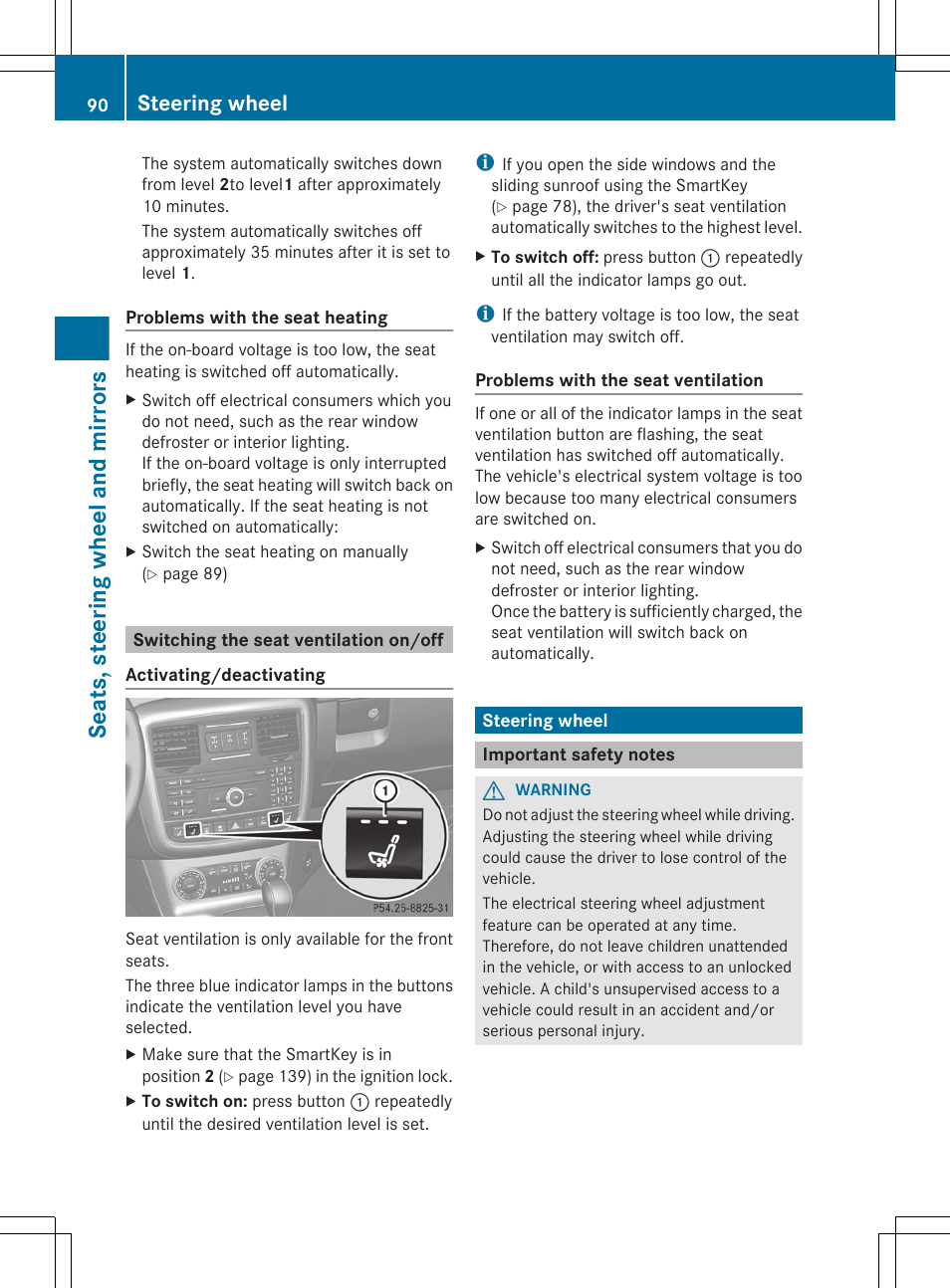 Switching the seat ventilation on/off, Steering wheel, Important safety notes | Seats, steering wheel and mirrors | Mercedes-Benz G-Class 2013 Owners Manual User Manual | Page 92 / 364