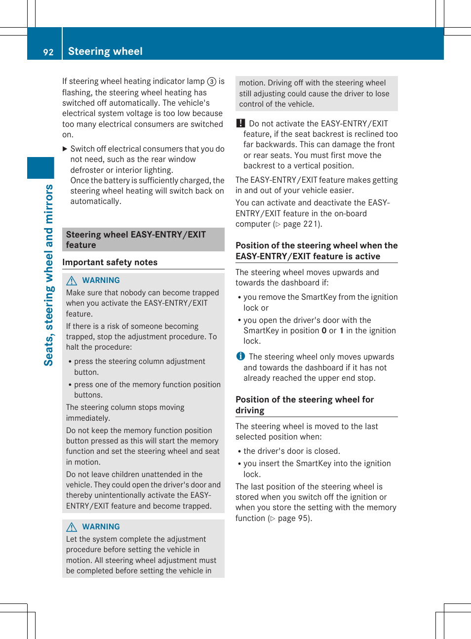 Steering wheel easy-entry/exit feature, Seats, steering wheel and mirrors, Steering wheel | Mercedes-Benz G-Class 2013 Owners Manual User Manual | Page 94 / 364