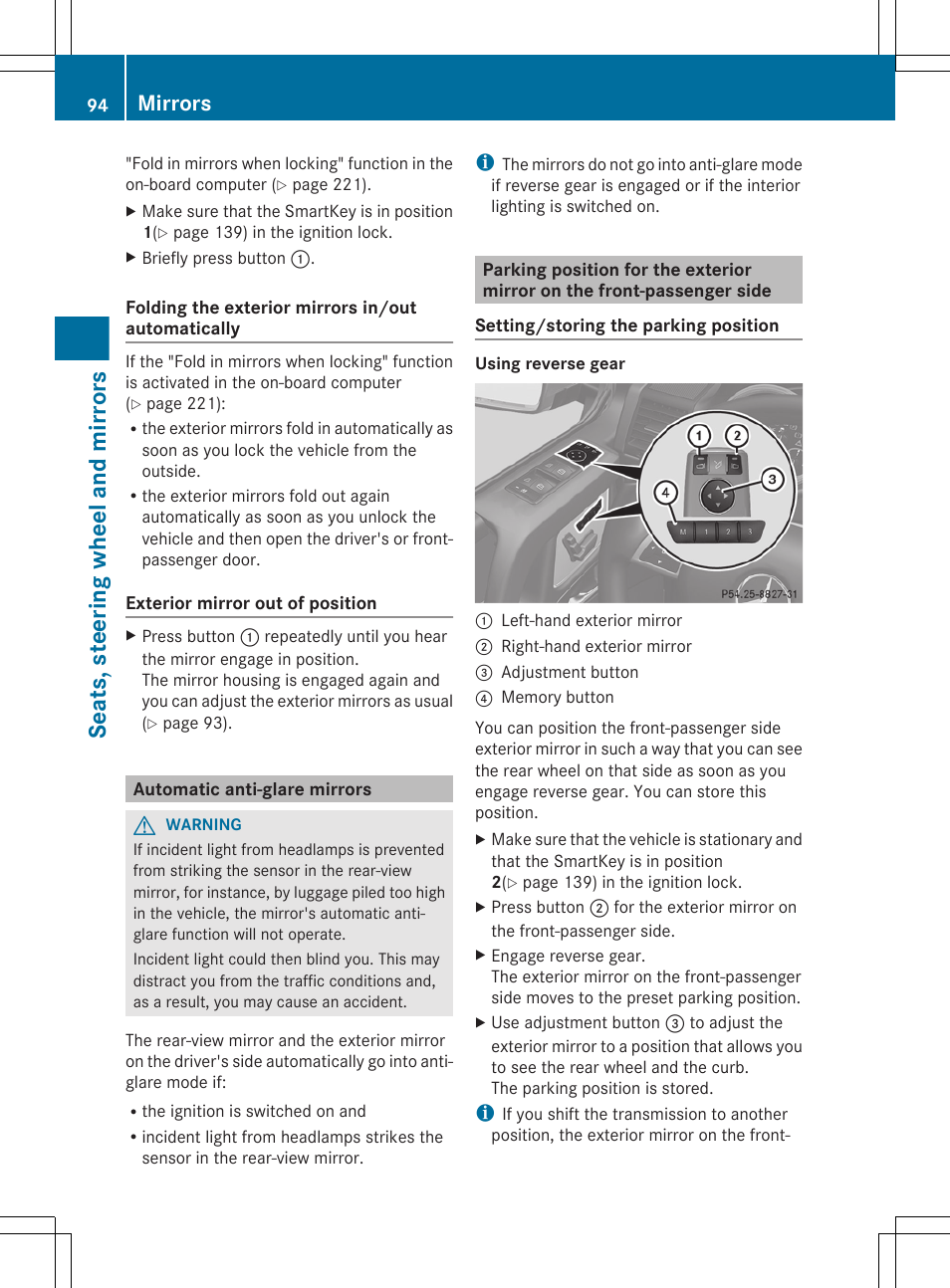 Automatic anti-glare mirrors, Seats, steering wheel and mirrors, Mirrors | Mercedes-Benz G-Class 2013 Owners Manual User Manual | Page 96 / 364