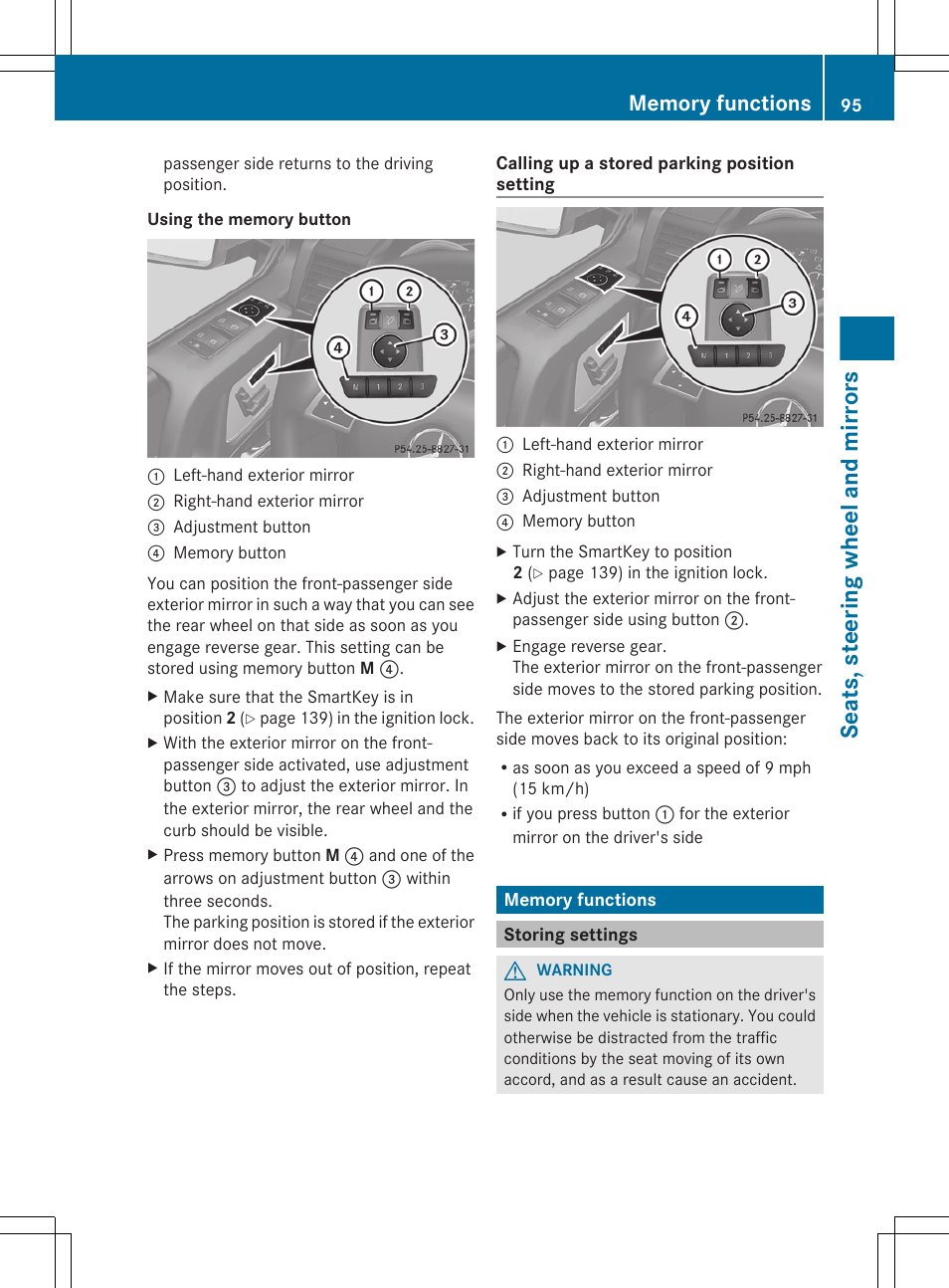 Memory functions, Storing settings, Seats, steering wheel and mirrors | Mercedes-Benz G-Class 2013 Owners Manual User Manual | Page 97 / 364