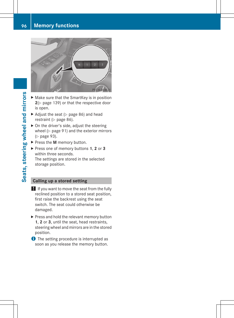 Calling up a stored setting, Seats, steering wheel and mirrors | Mercedes-Benz G-Class 2013 Owners Manual User Manual | Page 98 / 364