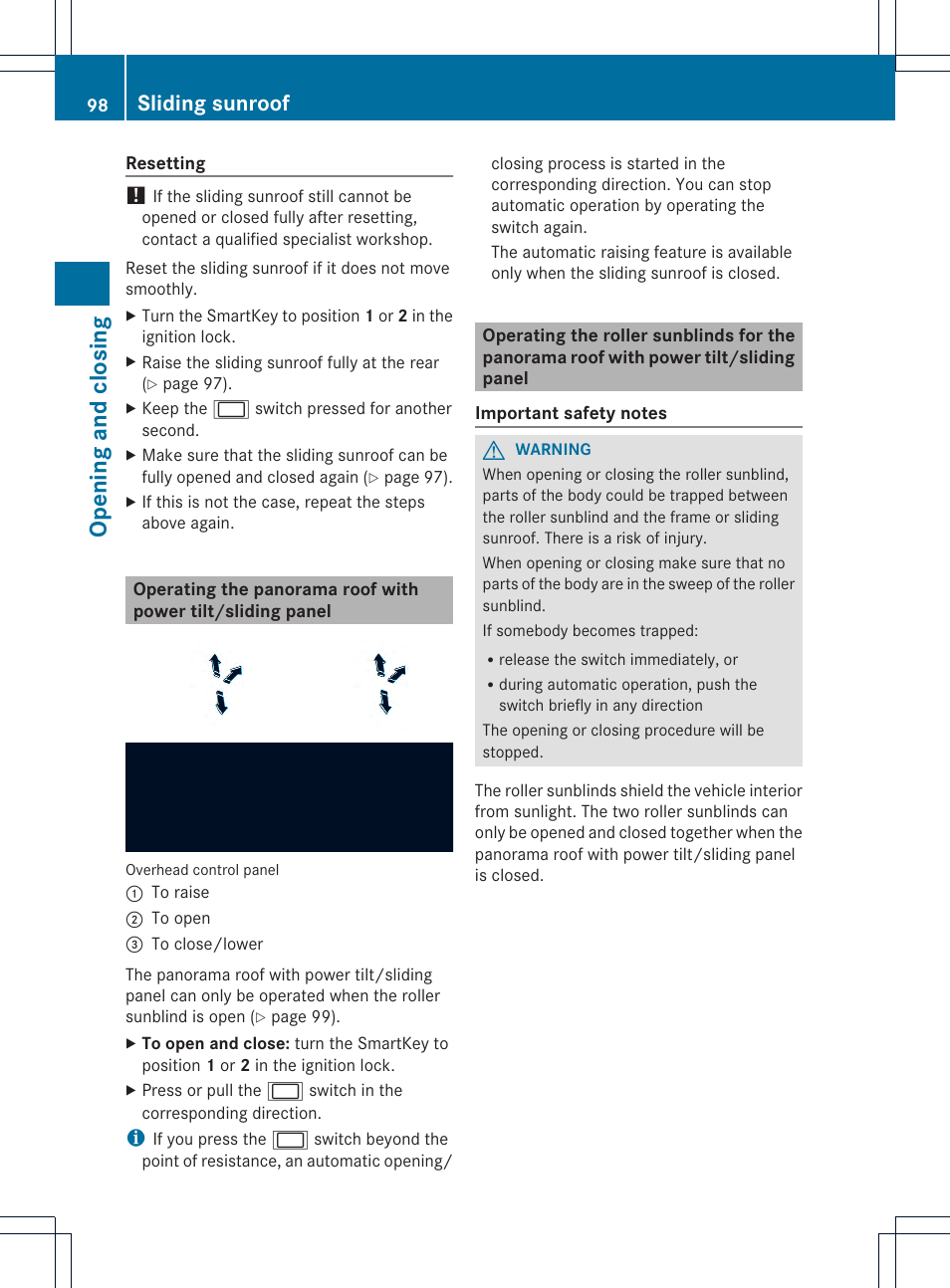 Opening and closing, Sliding sunroof | Mercedes-Benz GL-Class 2013 Owners Manual User Manual | Page 100 / 454