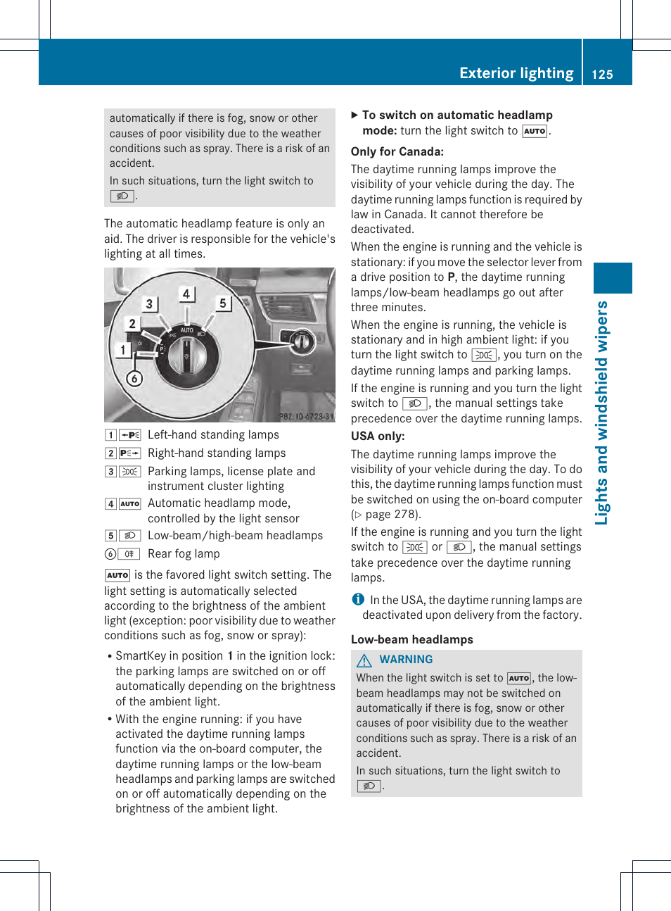 Lights and windshield wipers, Exterior lighting | Mercedes-Benz GL-Class 2013 Owners Manual User Manual | Page 127 / 454