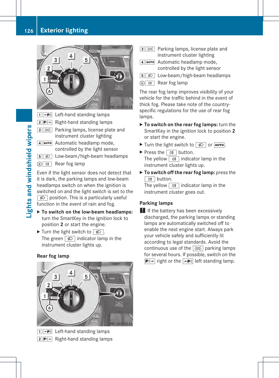 Lights and windshiel dw iper s, Exterior lighting | Mercedes-Benz GL-Class 2013 Owners Manual User Manual | Page 128 / 454