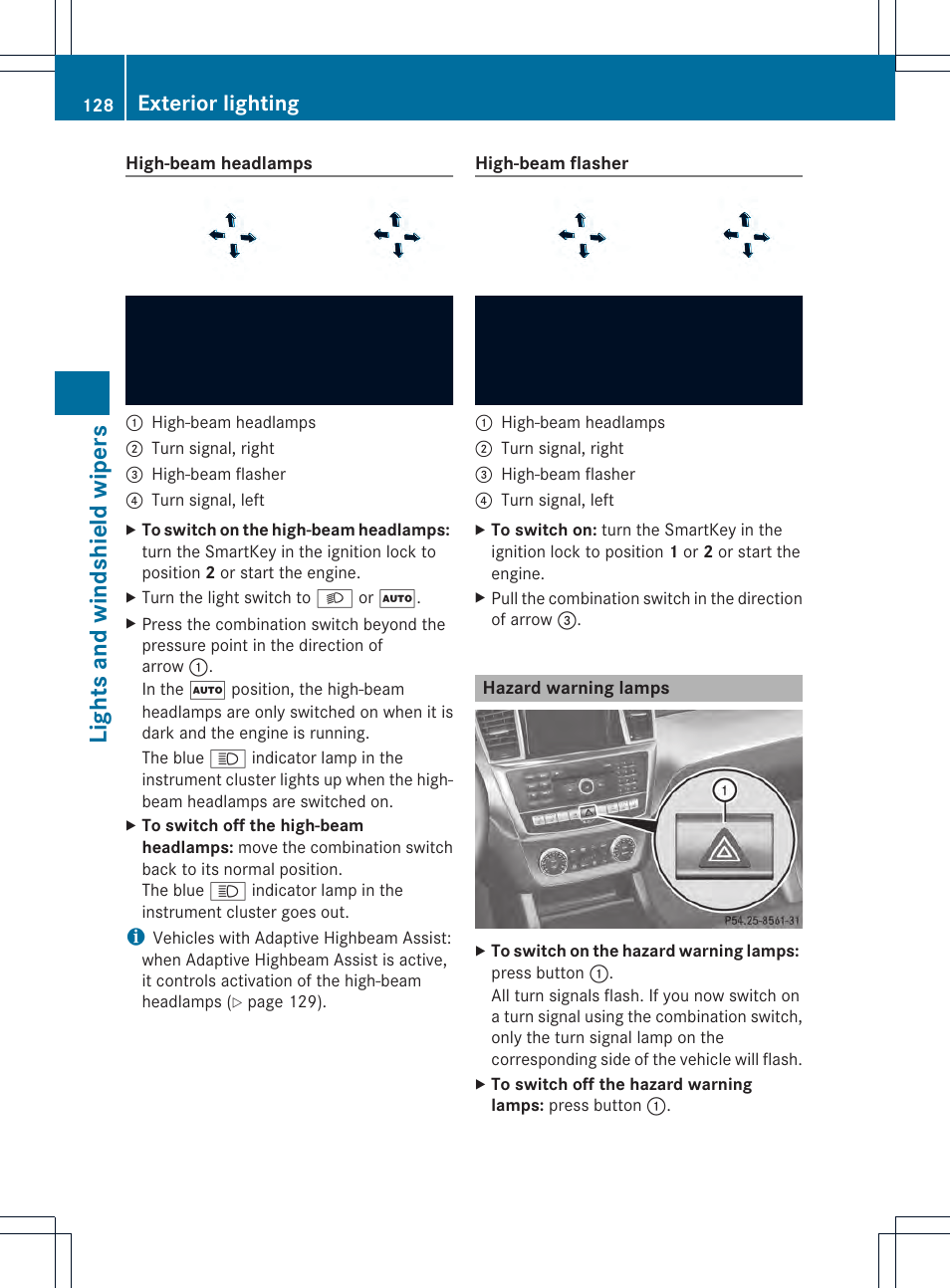 Lights and windshield wipers, Exterior lighting | Mercedes-Benz GL-Class 2013 Owners Manual User Manual | Page 130 / 454