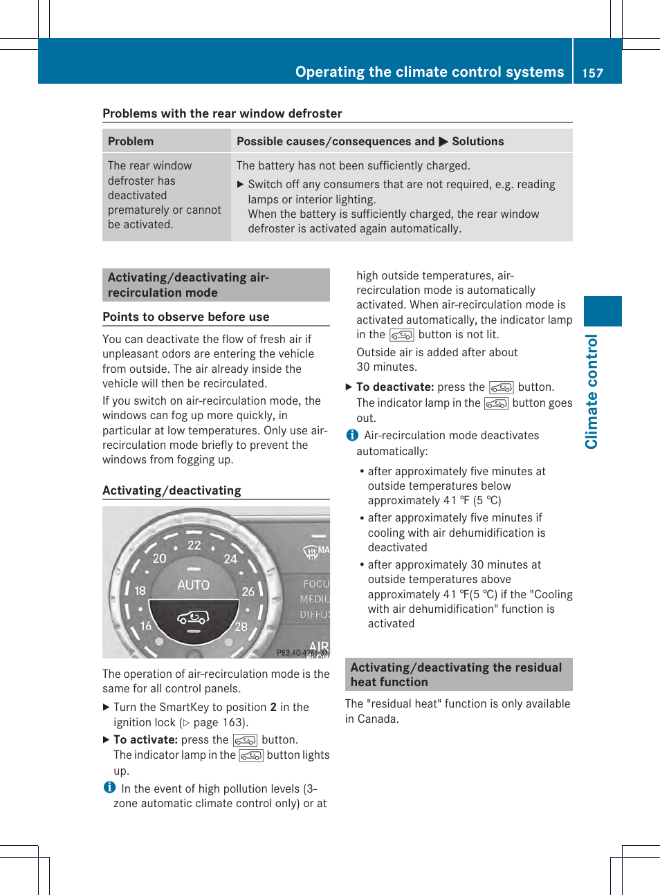 Clima te contr ol, Operating the climate control systems | Mercedes-Benz GL-Class 2013 Owners Manual User Manual | Page 159 / 454