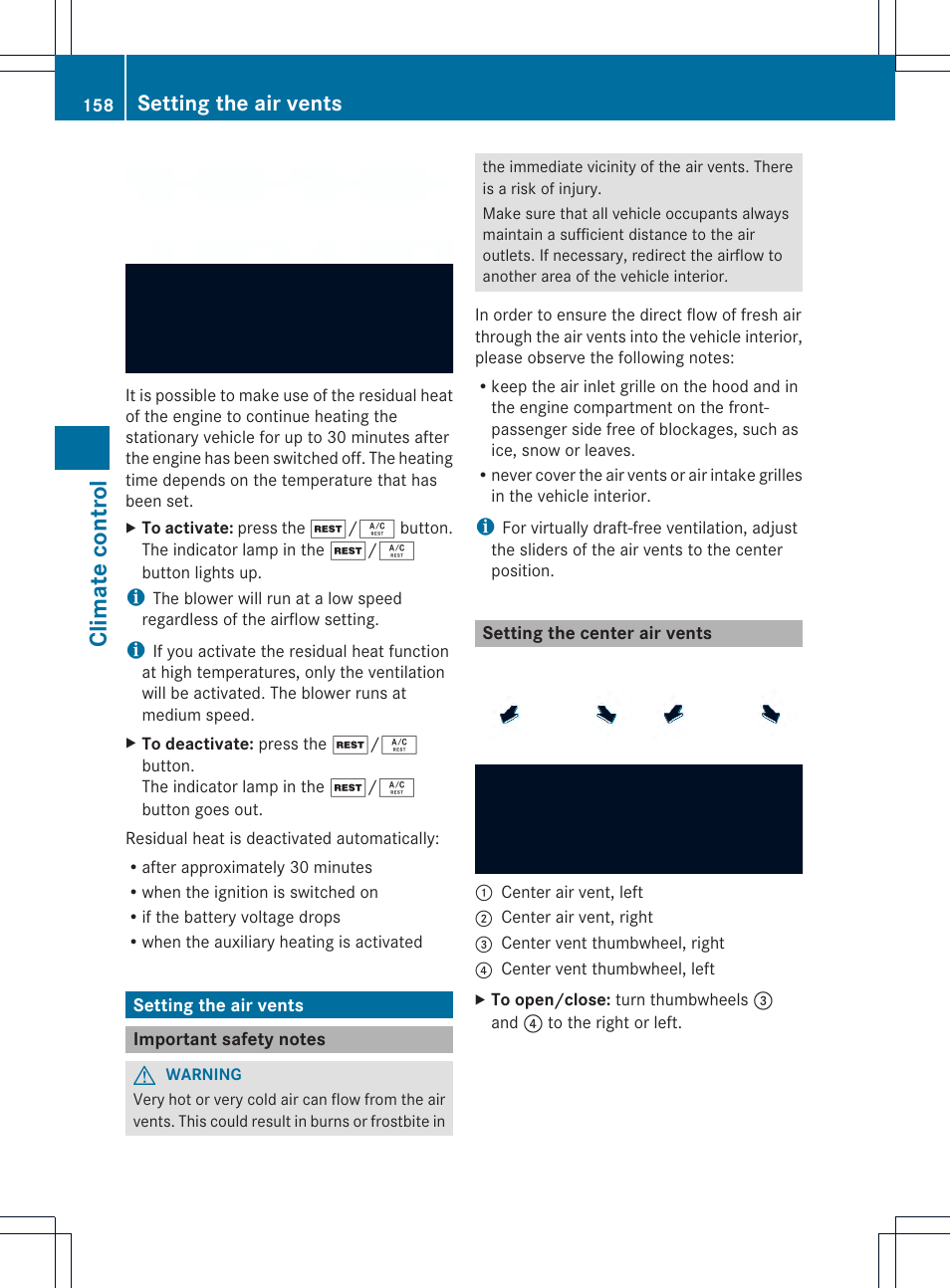 Climate control, Setting the air vents | Mercedes-Benz GL-Class 2013 Owners Manual User Manual | Page 160 / 454