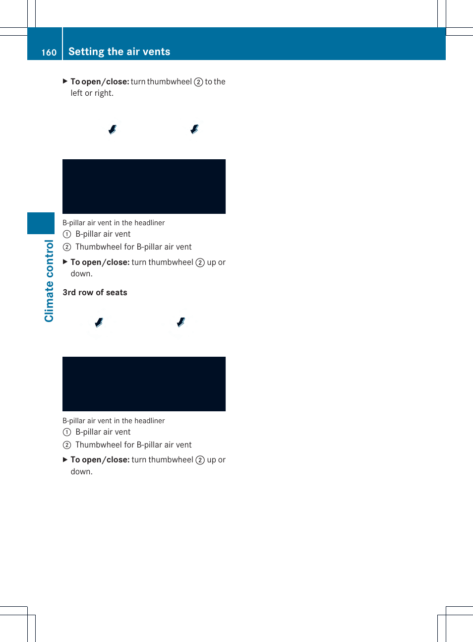 Climate control, Setting the air vents | Mercedes-Benz GL-Class 2013 Owners Manual User Manual | Page 162 / 454