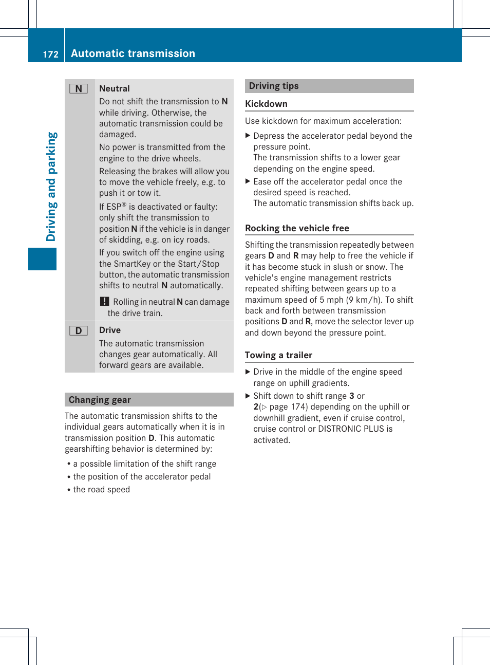 Drivi ng and parking, Automatic transmission | Mercedes-Benz GL-Class 2013 Owners Manual User Manual | Page 174 / 454