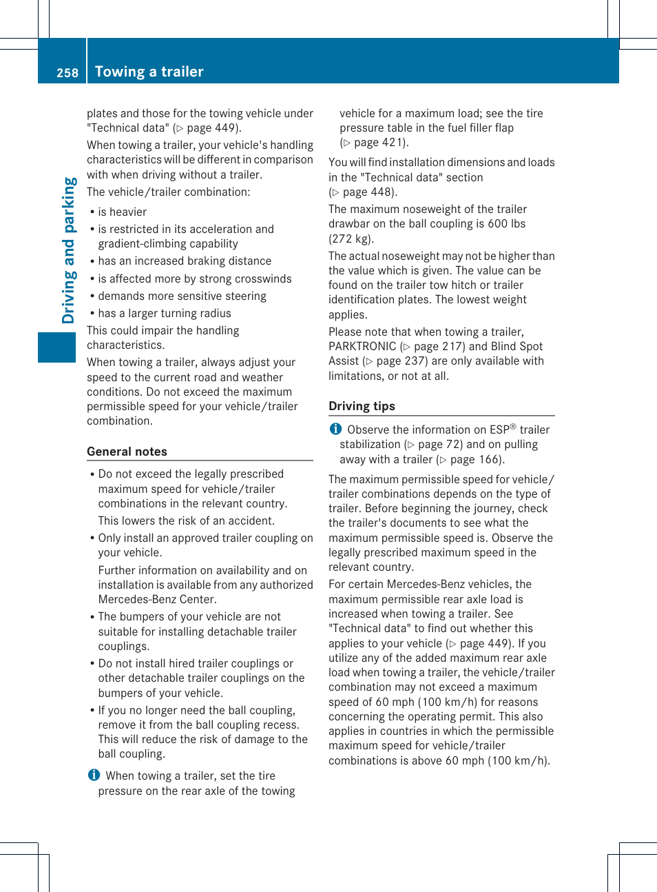 Dr ivi ng an d parki ng, Towing a trailer | Mercedes-Benz GL-Class 2013 Owners Manual User Manual | Page 260 / 454