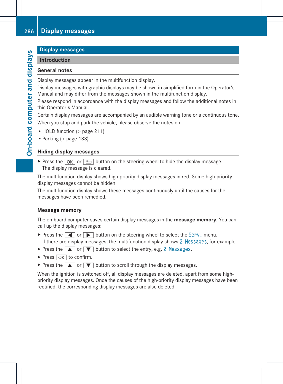 On-board computer and displays, Display messages | Mercedes-Benz GL-Class 2013 Owners Manual User Manual | Page 288 / 454