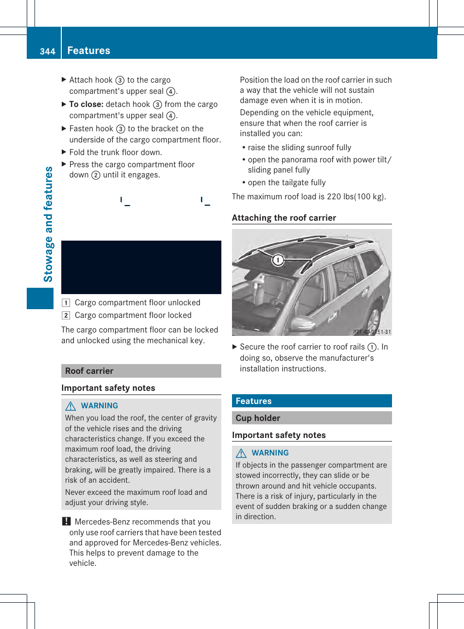 Stowage and features, Features | Mercedes-Benz GL-Class 2013 Owners Manual User Manual | Page 346 / 454