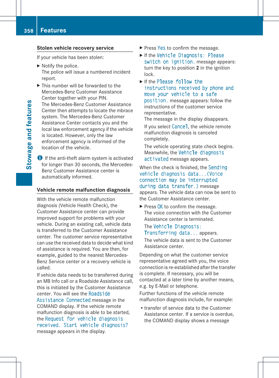 Stowage and features, Features | Mercedes-Benz GL-Class 2013 Owners Manual User Manual | Page 360 / 454