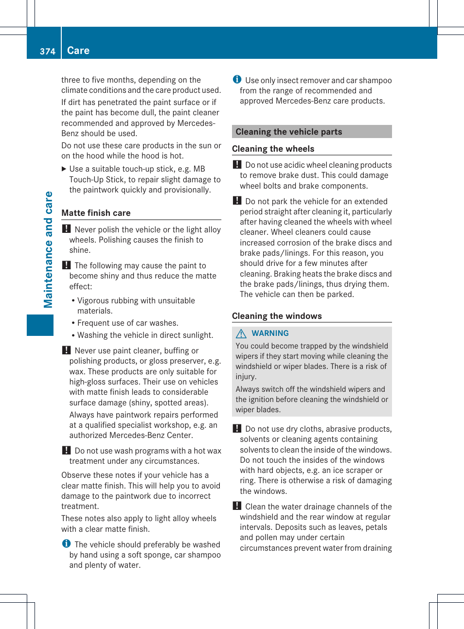 Maintenance and care, Care | Mercedes-Benz GL-Class 2013 Owners Manual User Manual | Page 376 / 454