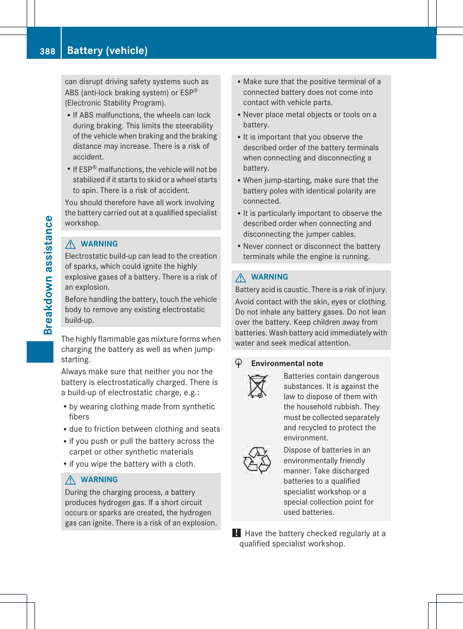 Breakdown assistance, Battery (vehicle) | Mercedes-Benz GL-Class 2013 Owners Manual User Manual | Page 390 / 454