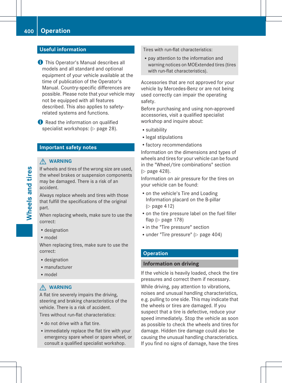 Wheels and tires, Operation | Mercedes-Benz GL-Class 2013 Owners Manual User Manual | Page 402 / 454