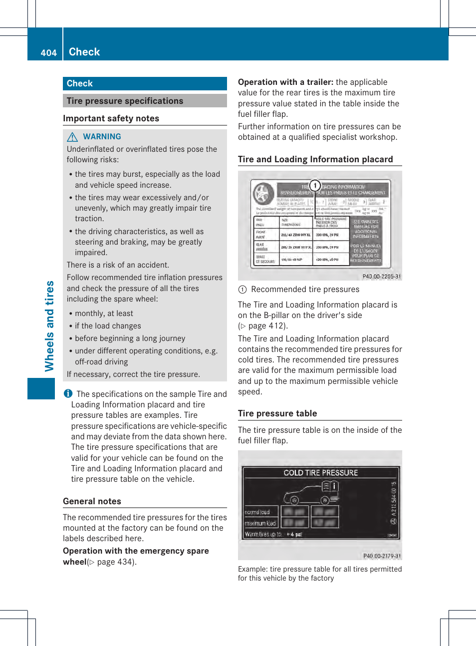 Wheels and tires, Check | Mercedes-Benz GL-Class 2013 Owners Manual User Manual | Page 406 / 454