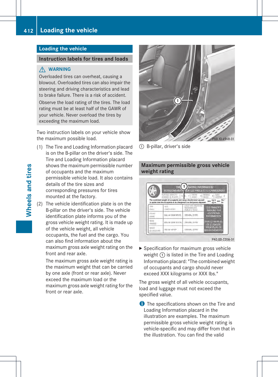 Wheels and tires, Loading the vehicle | Mercedes-Benz GL-Class 2013 Owners Manual User Manual | Page 414 / 454