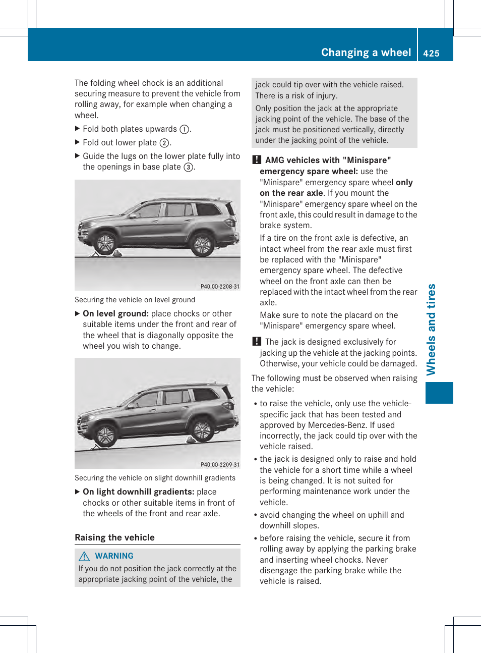 Whee ls and tires, Changing a wheel | Mercedes-Benz GL-Class 2013 Owners Manual User Manual | Page 427 / 454