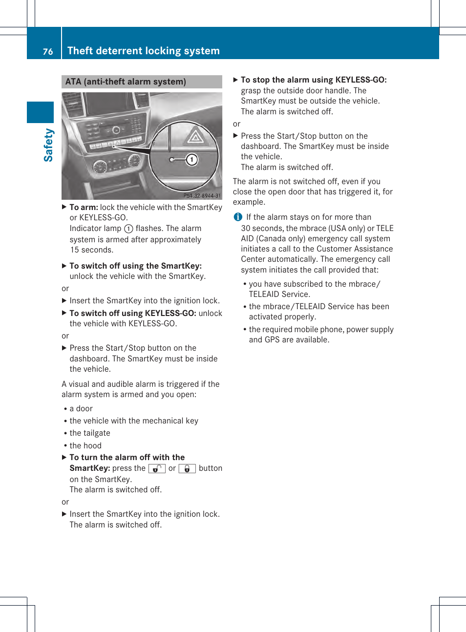 Safet y, Theft deterrent locking system | Mercedes-Benz GL-Class 2013 Owners Manual User Manual | Page 78 / 454