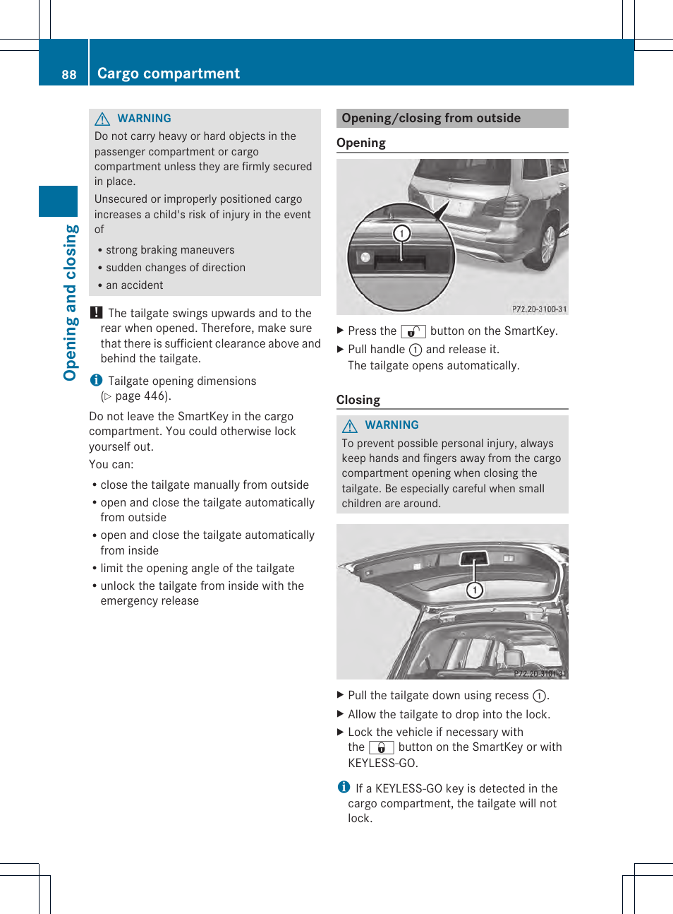 Opening and closi ng, Cargo compartment | Mercedes-Benz GL-Class 2013 Owners Manual User Manual | Page 90 / 454