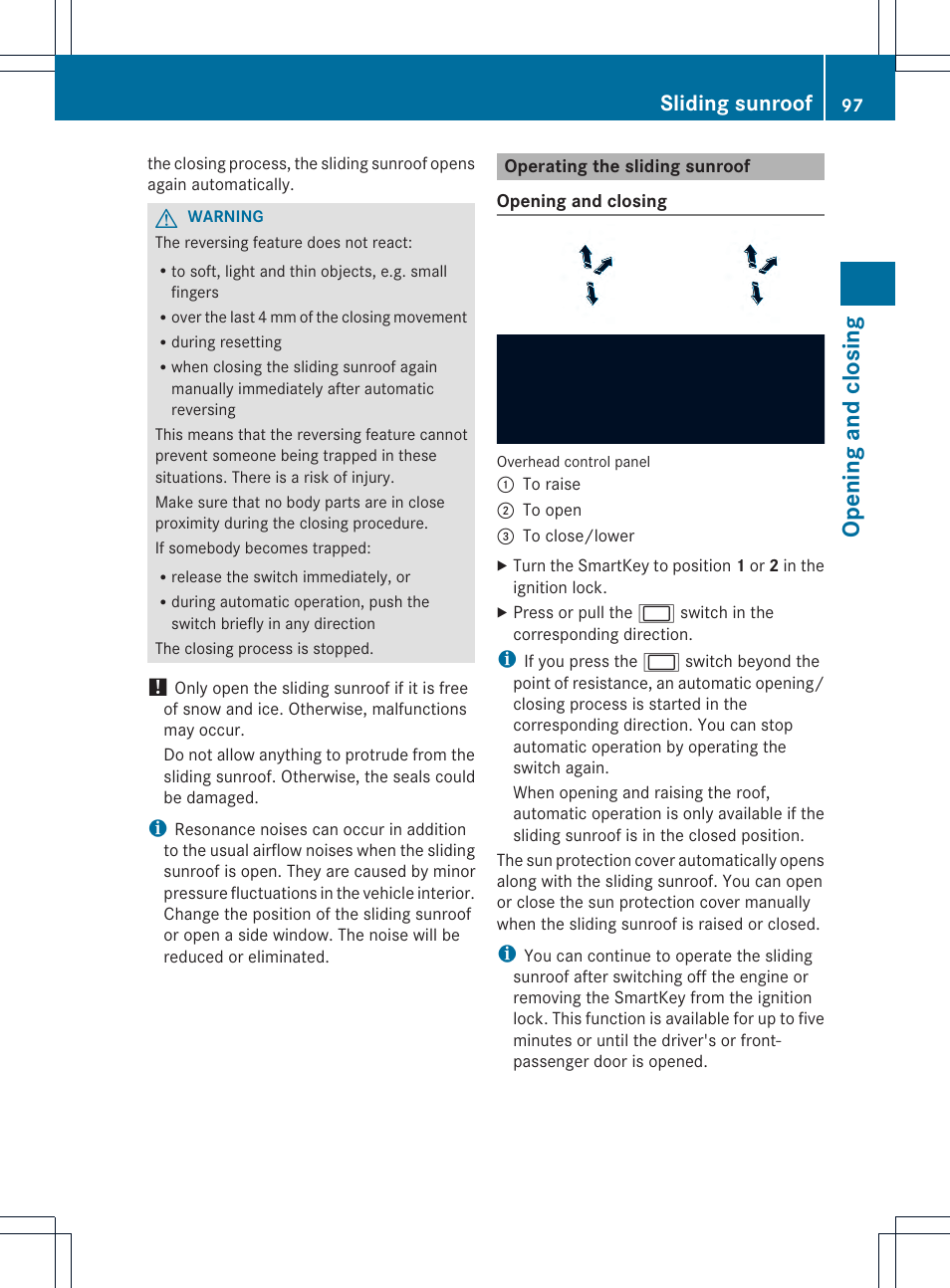 Opening and closing, Sliding sunroof | Mercedes-Benz GL-Class 2013 Owners Manual User Manual | Page 99 / 454