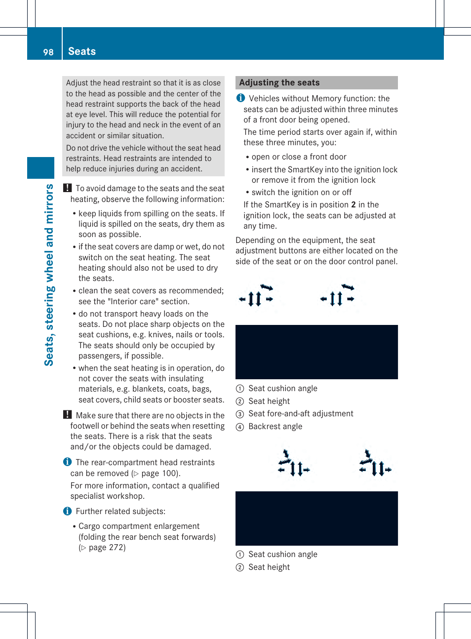 Seats, steering wheel and mirrors, Seats | Mercedes-Benz GLK-Class 2013 Owners Manual User Manual | Page 100 / 378