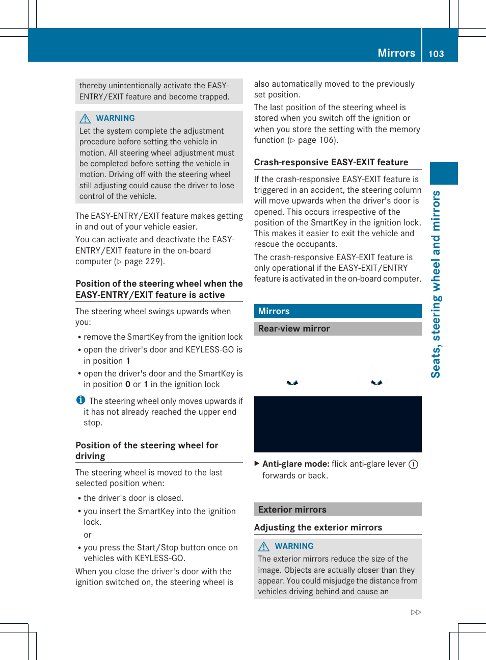 Seat s, steer ing wheel and mir ror s, Mirrors | Mercedes-Benz GLK-Class 2013 Owners Manual User Manual | Page 105 / 378
