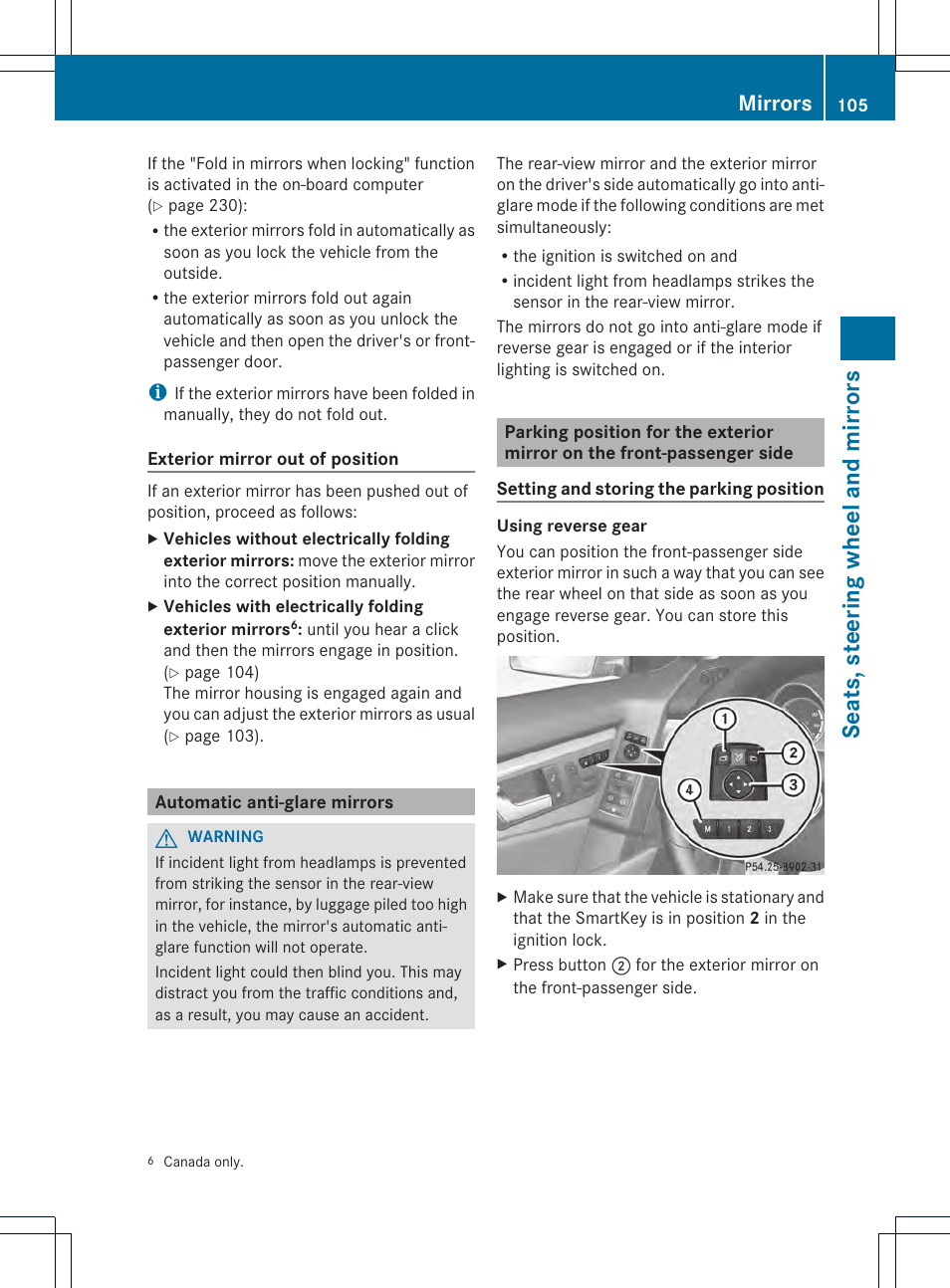 Seats, steering wheel and mirrors, Mirrors | Mercedes-Benz GLK-Class 2013 Owners Manual User Manual | Page 107 / 378