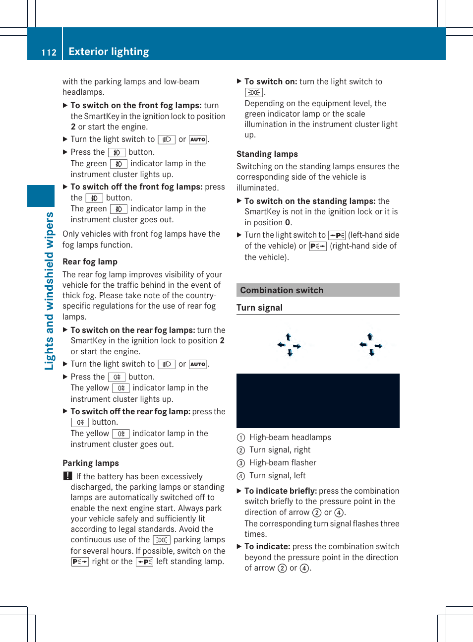 Lights and windshield wipers, Exterior lighting | Mercedes-Benz GLK-Class 2013 Owners Manual User Manual | Page 114 / 378