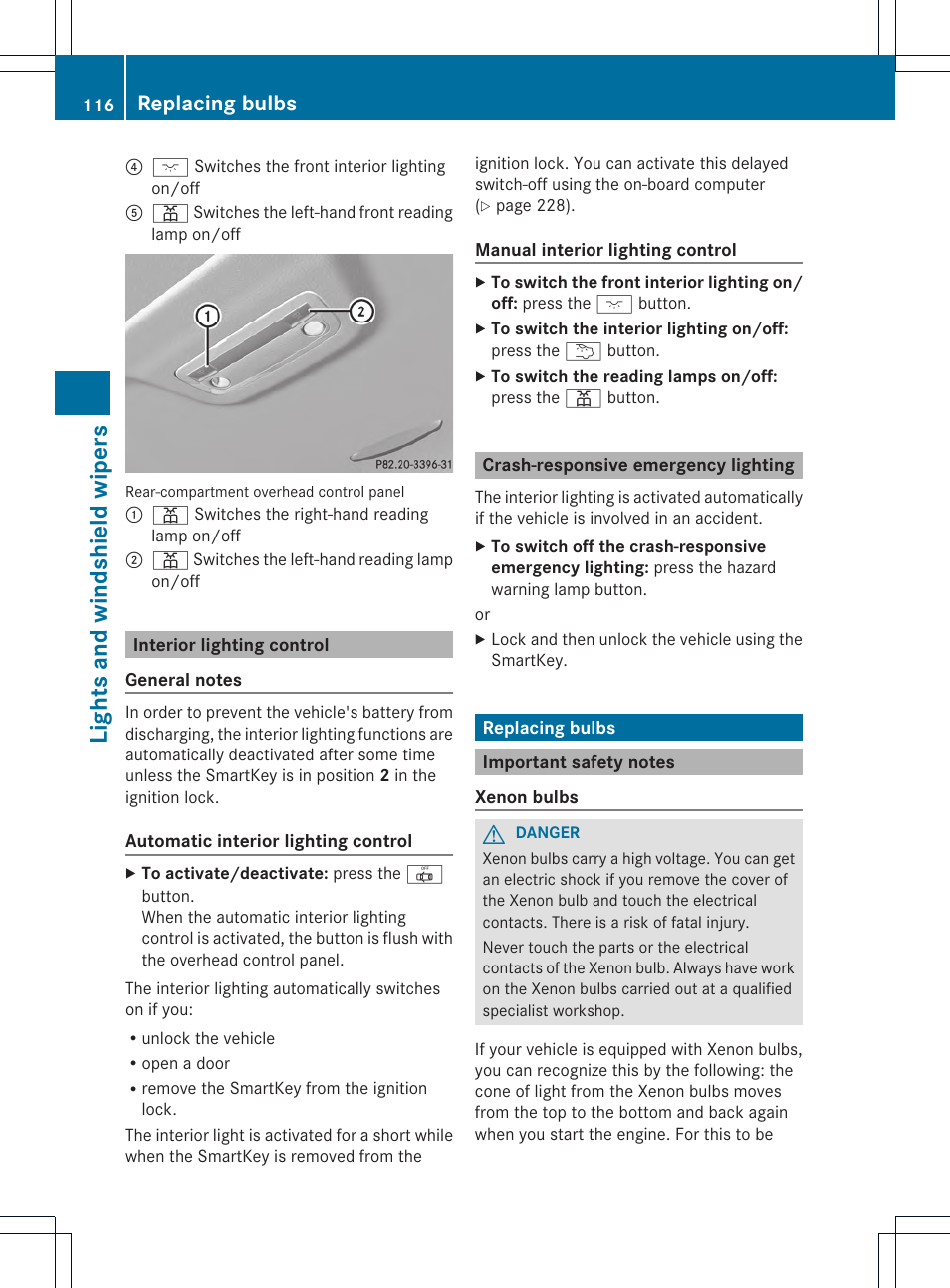 Lights and windshield wipers, Replacing bulbs | Mercedes-Benz GLK-Class 2013 Owners Manual User Manual | Page 118 / 378