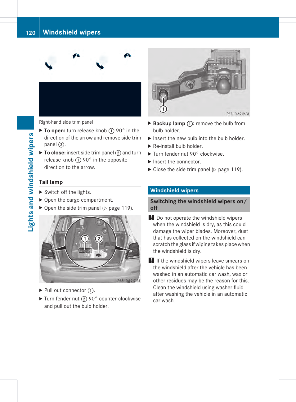 Lights and windshield wipers, Windshield wipers | Mercedes-Benz GLK-Class 2013 Owners Manual User Manual | Page 122 / 378