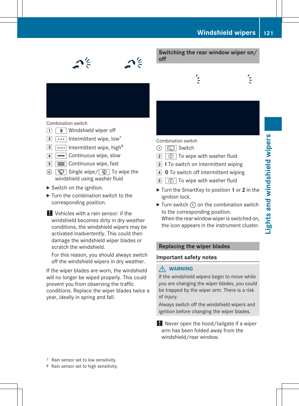 Lights and windshield wipers, Windshield wipers | Mercedes-Benz GLK-Class 2013 Owners Manual User Manual | Page 123 / 378