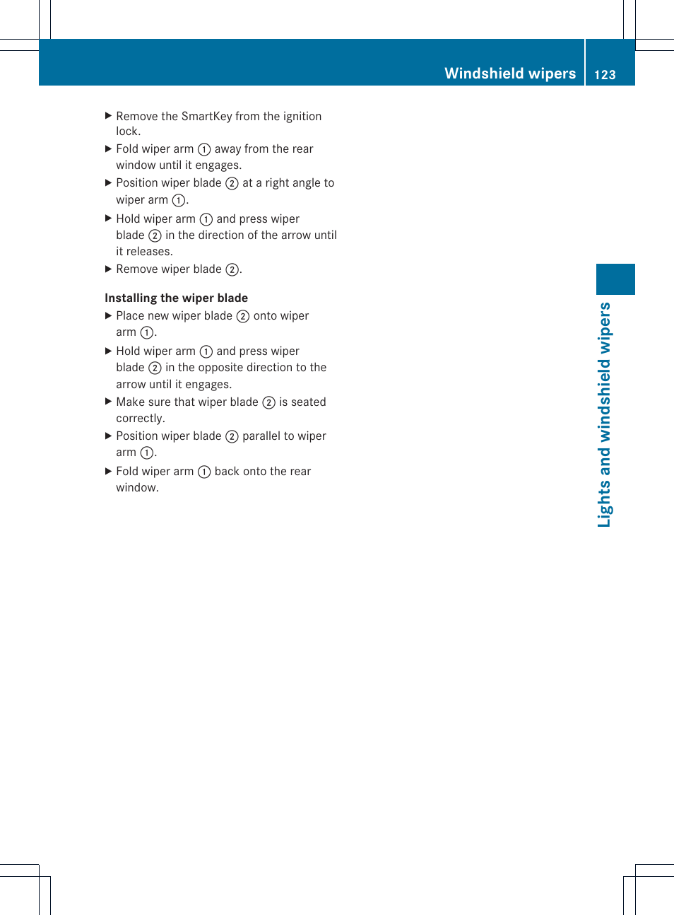 Lights and windshield wipers, Windshield wipers | Mercedes-Benz GLK-Class 2013 Owners Manual User Manual | Page 125 / 378