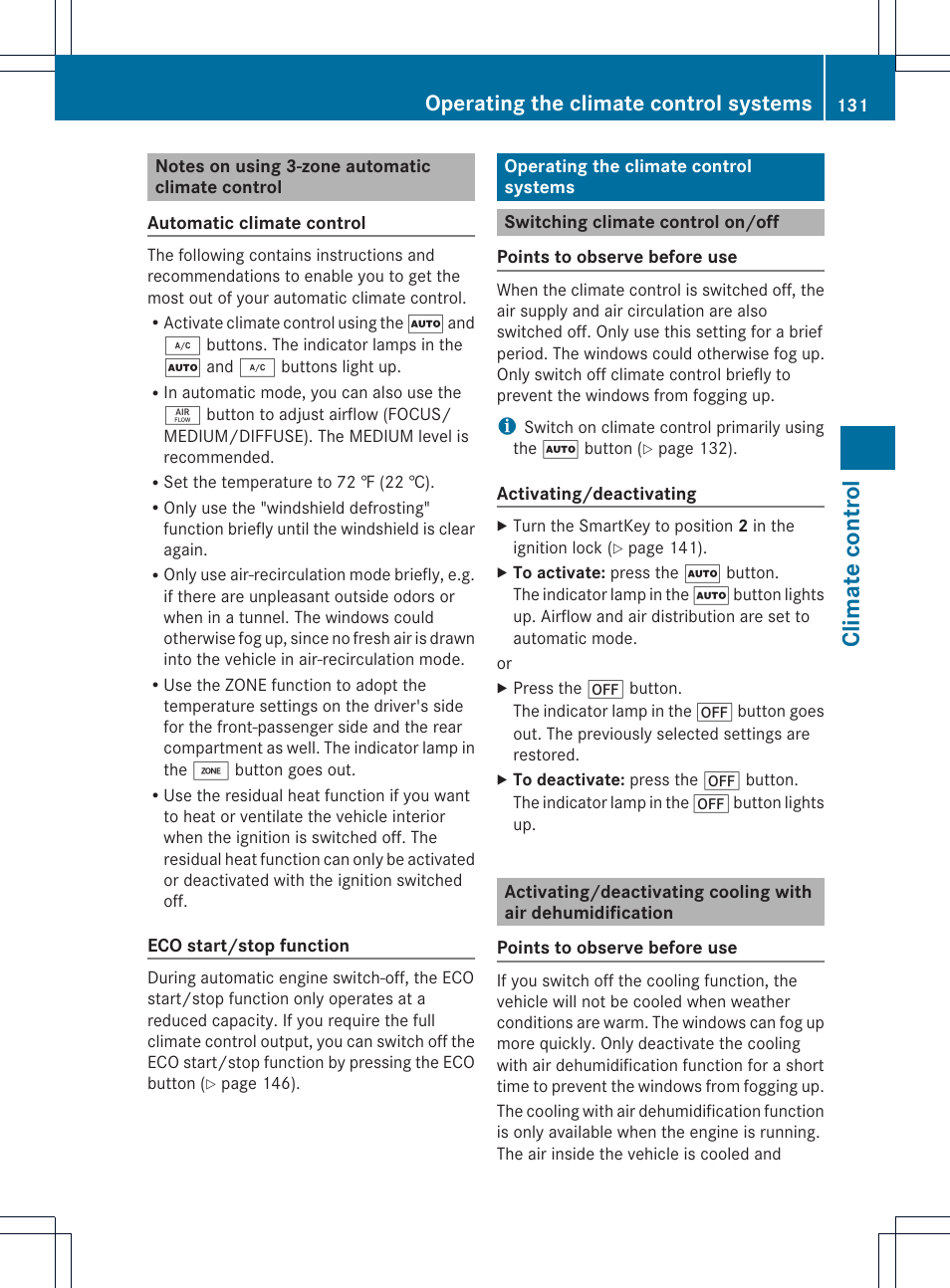 Climate control, Operating the climate control systems | Mercedes-Benz GLK-Class 2013 Owners Manual User Manual | Page 133 / 378