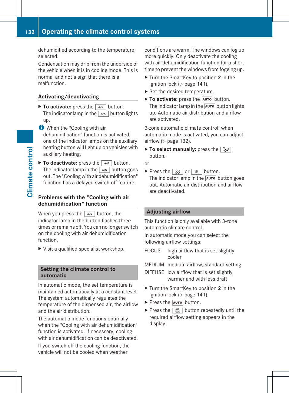 Clima te contr ol, Operating the climate control systems | Mercedes-Benz GLK-Class 2013 Owners Manual User Manual | Page 134 / 378