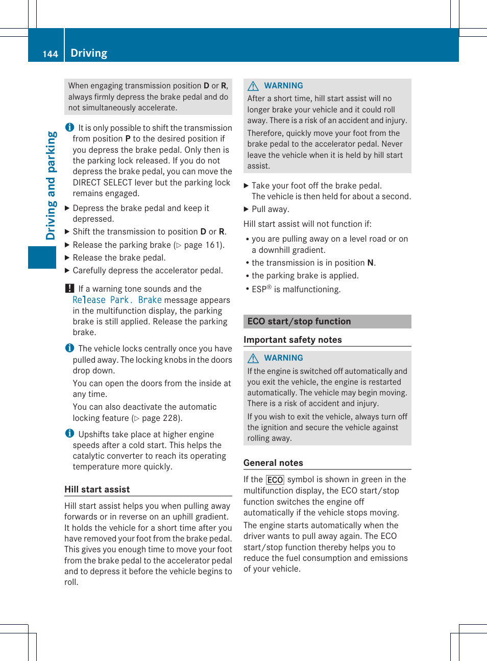 Driving and parking, Driving | Mercedes-Benz GLK-Class 2013 Owners Manual User Manual | Page 146 / 378