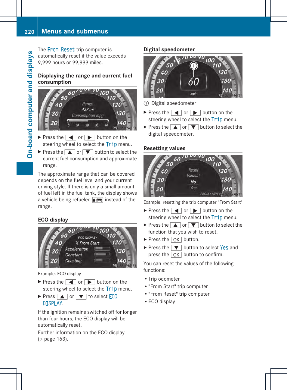 On-board computer and displays, Menus and submenus | Mercedes-Benz GLK-Class 2013 Owners Manual User Manual | Page 222 / 378