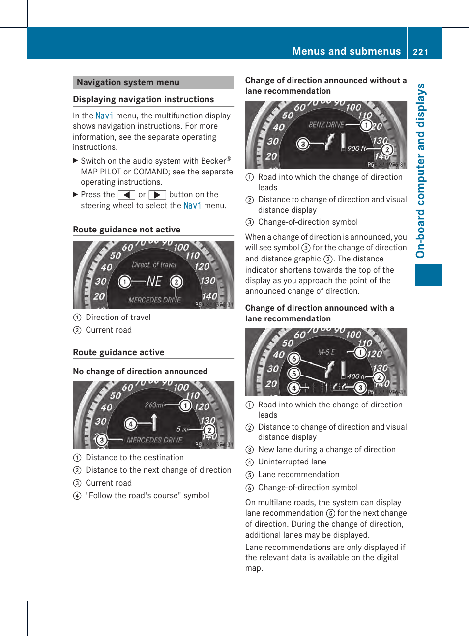 On-board computer and displays, Menus and submenus | Mercedes-Benz GLK-Class 2013 Owners Manual User Manual | Page 223 / 378
