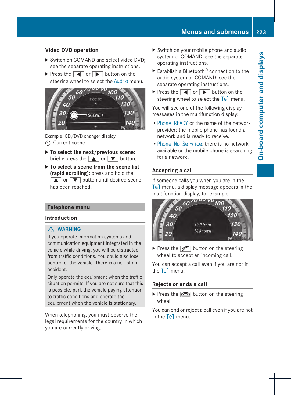 On-board computer and displays, Menus and submenus | Mercedes-Benz GLK-Class 2013 Owners Manual User Manual | Page 225 / 378