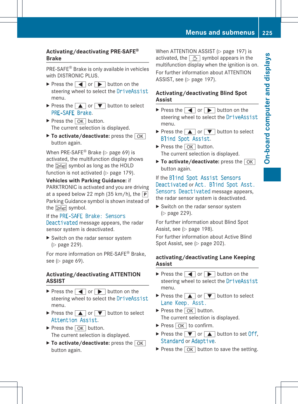 On-board computer and displays, Menus and submenus | Mercedes-Benz GLK-Class 2013 Owners Manual User Manual | Page 227 / 378