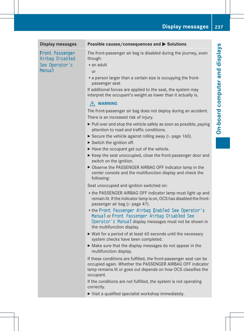 On-board computer and displays, Display messages | Mercedes-Benz GLK-Class 2013 Owners Manual User Manual | Page 239 / 378