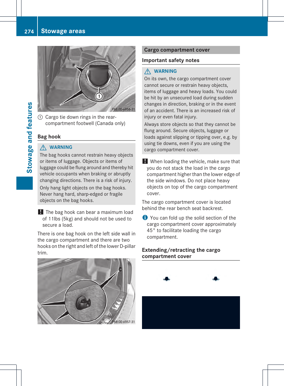 Stowage and features, Stowage areas | Mercedes-Benz GLK-Class 2013 Owners Manual User Manual | Page 276 / 378
