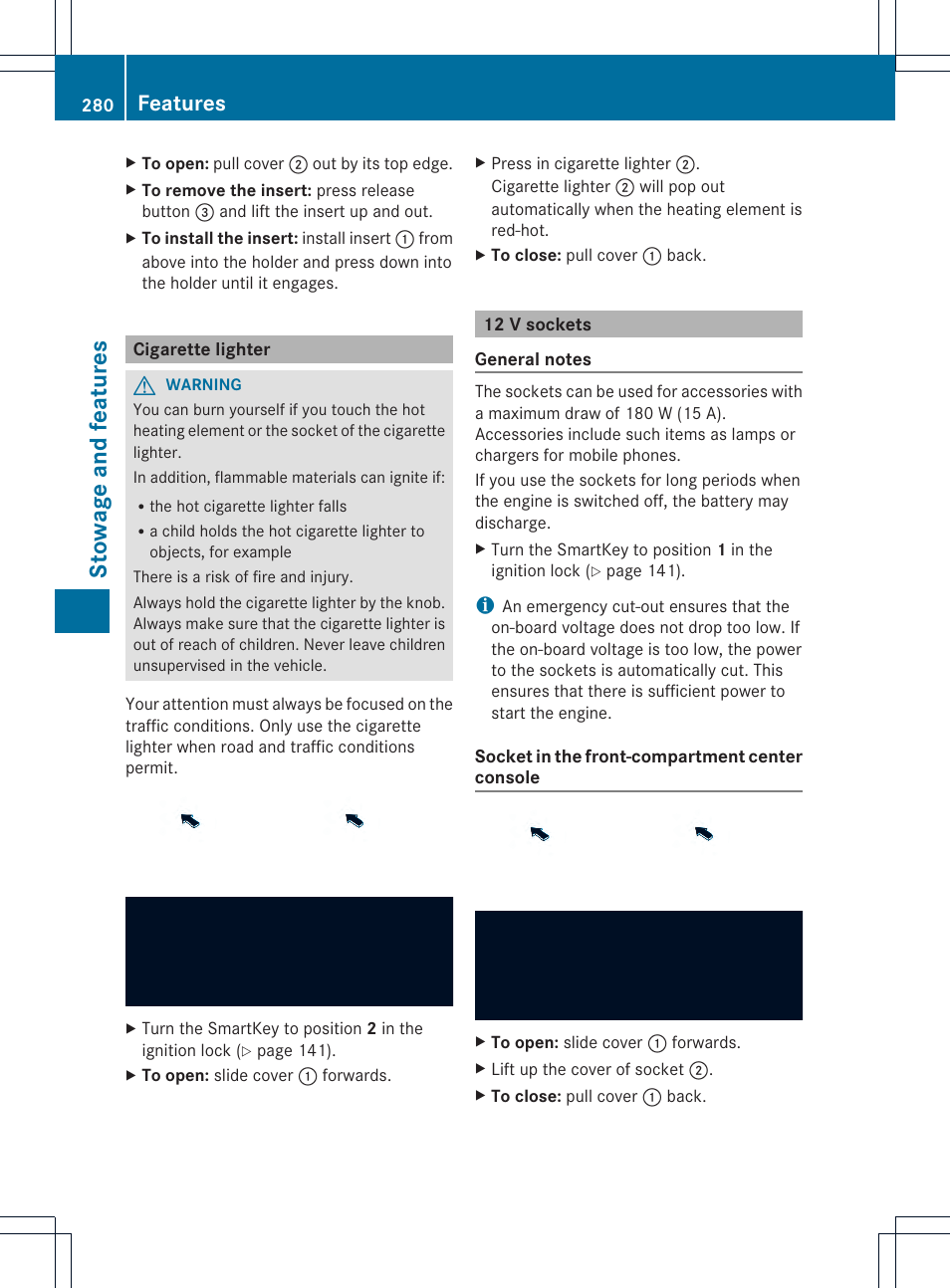 Stowage and features, Features | Mercedes-Benz GLK-Class 2013 Owners Manual User Manual | Page 282 / 378